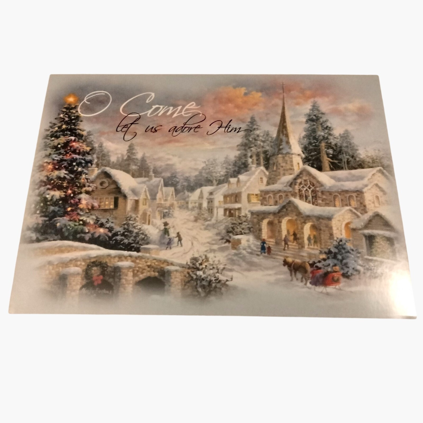 Christmas Greeting Card Come Let us Adore Him Village Bible Verse Luke 2 14