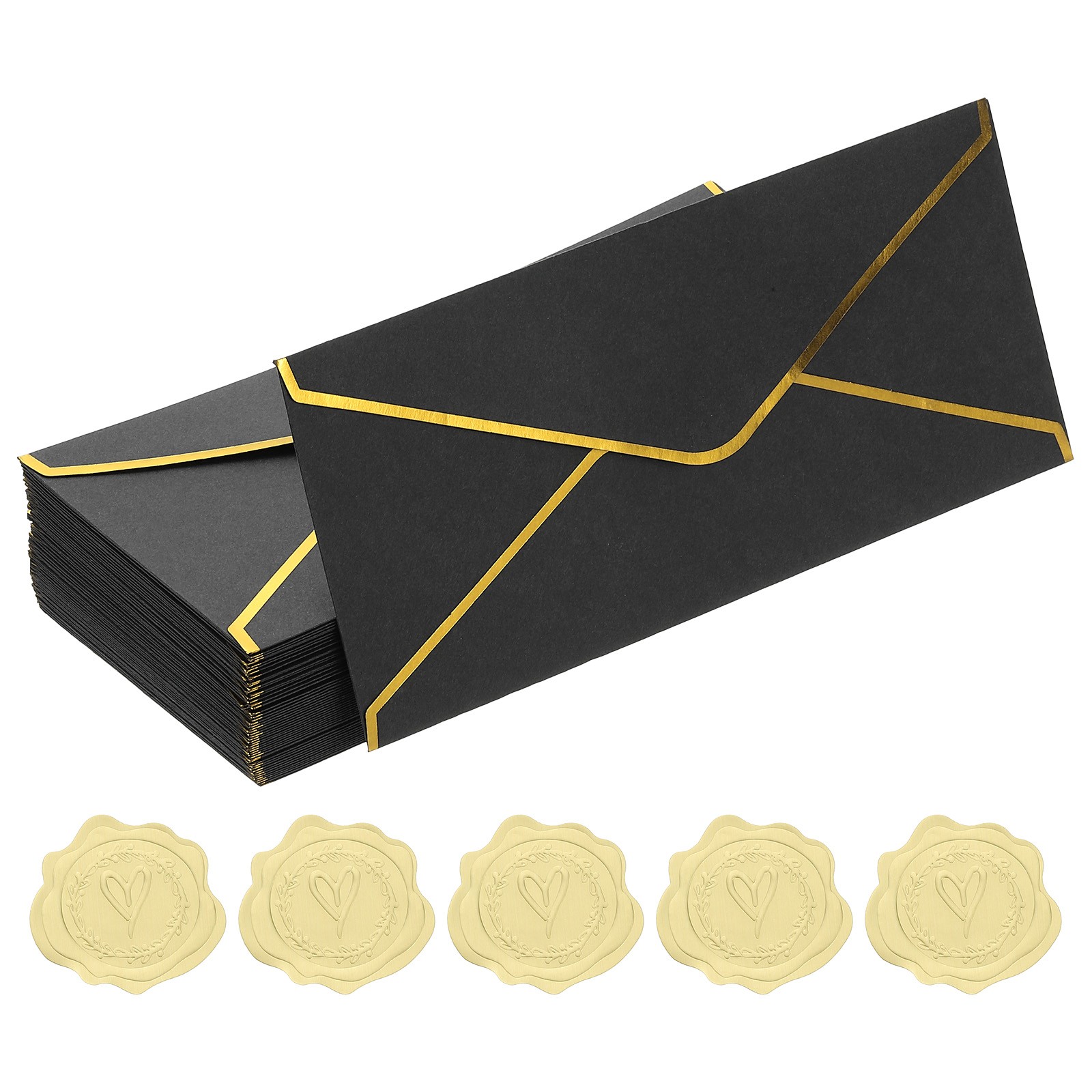 4 1/8 x 9 1/2 Inch Envelopes with Gold Border, 50 Pack V Flap, Black