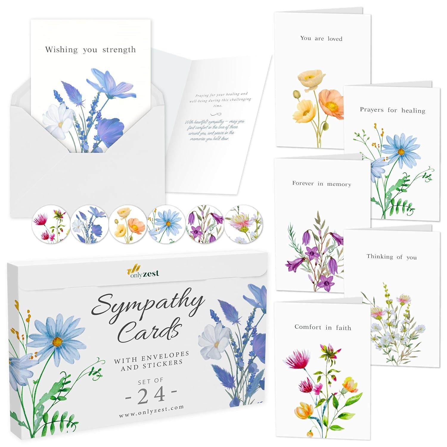 Floral Sympathy Cards 24pc Box 4×6″ 300GSM Cardstock Envelopes Included