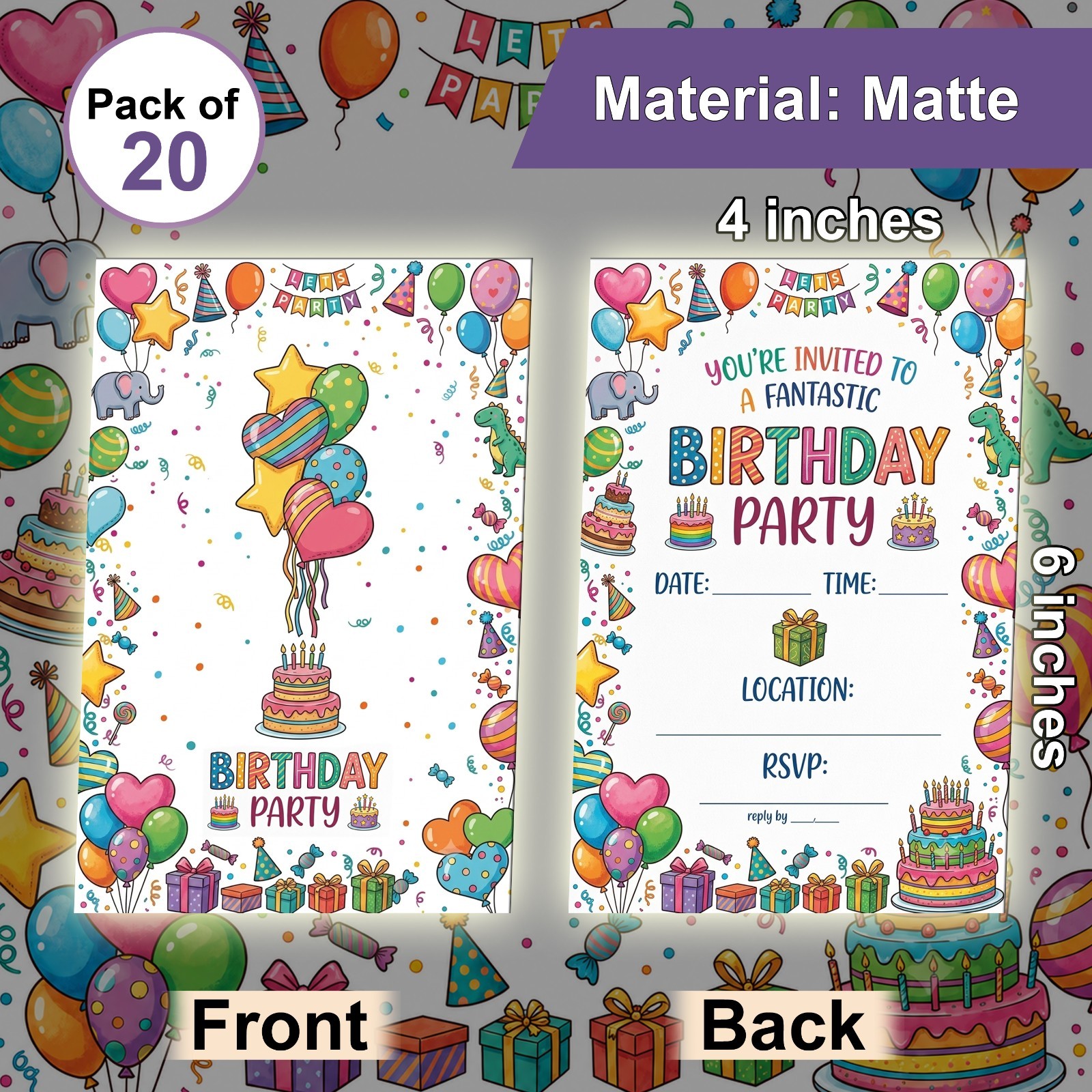 Children’s Birthday Invitation Template Colorful 4×6 Pack of 20 Cards