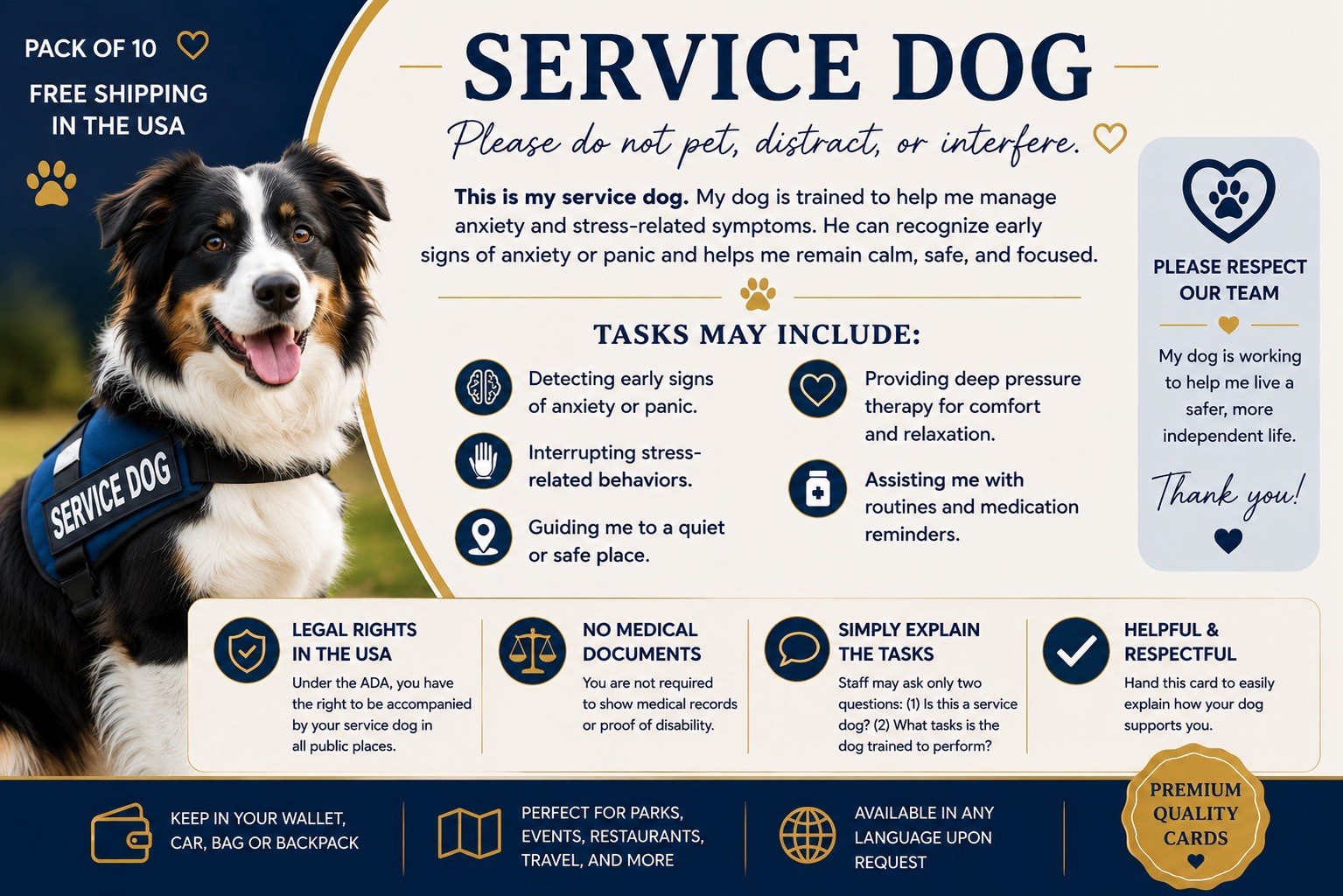 USA Service Dog Information Cards (10 Pack) | Personalized Photo | FREE Shipping