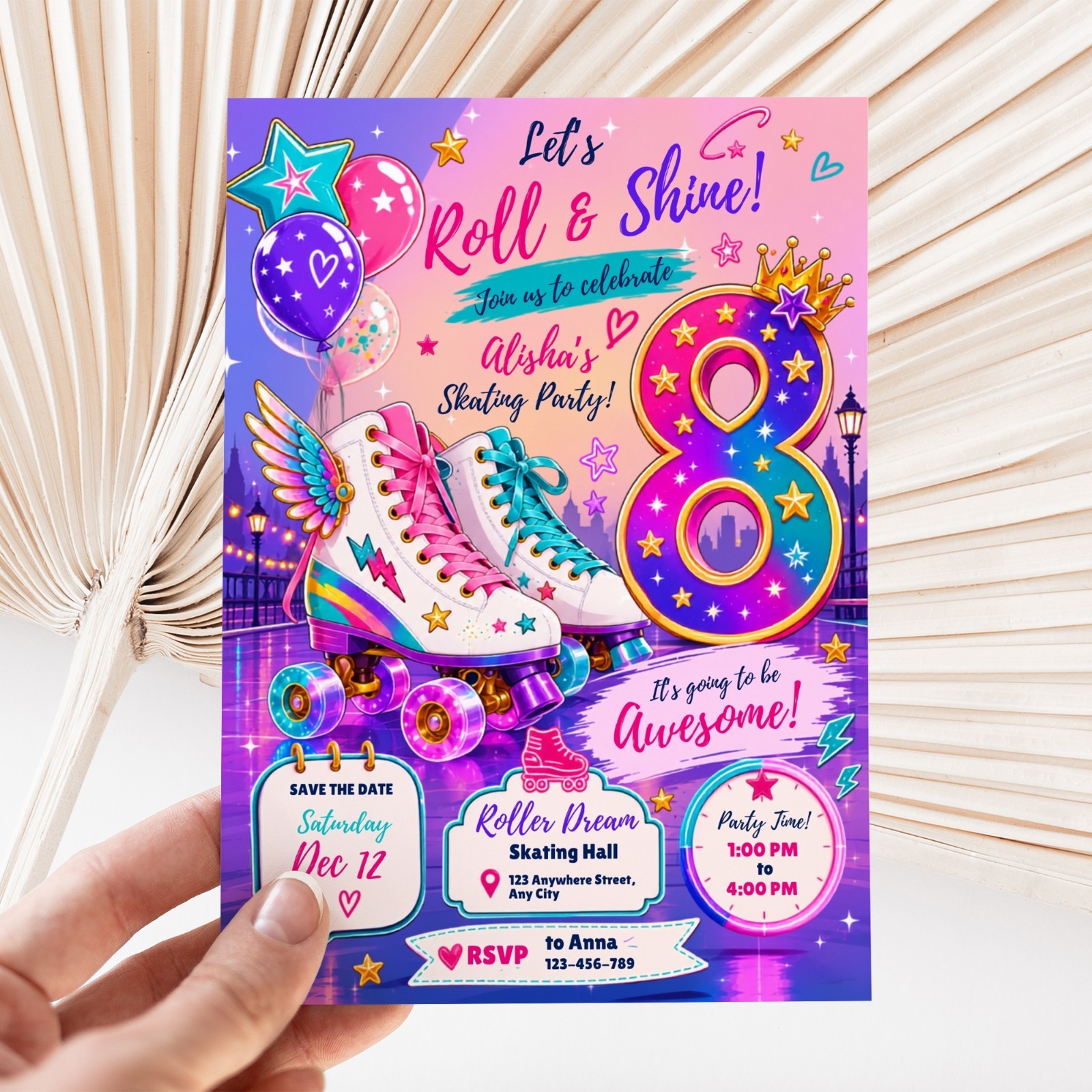 Roller Skating 8th Birthday Invitation Editable Canva Template 5×7 Digital