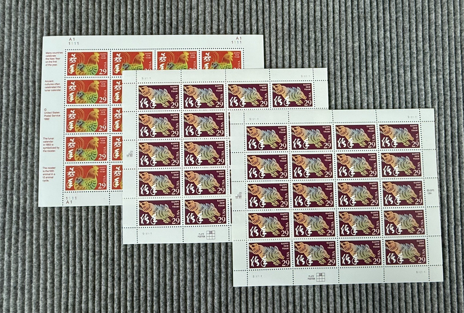Scott Stamp Sheets #2720 Year of Rooster & #2876 Year of Pig (2 copies) MNH