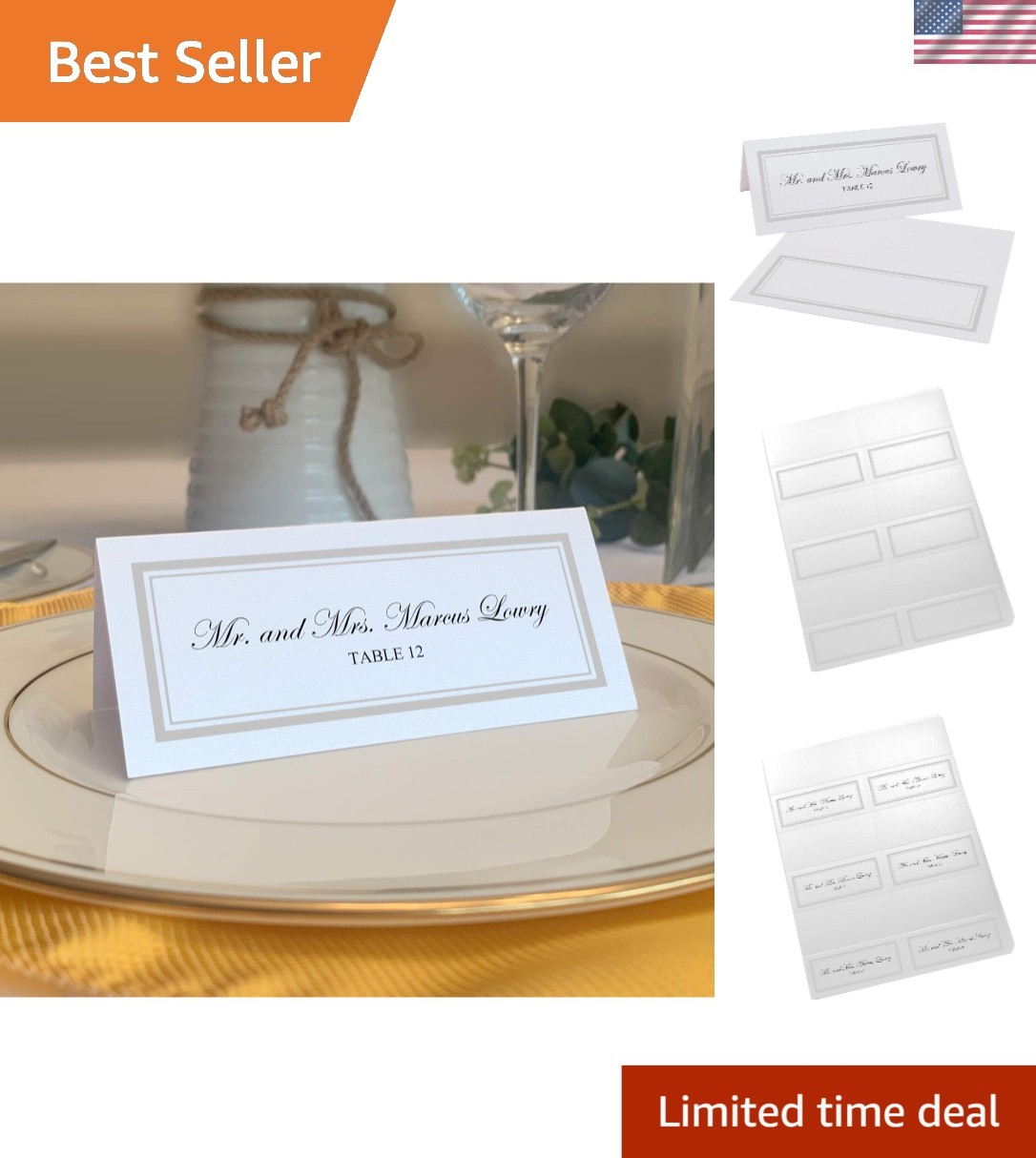 Printable Place Cards Wedding Party Dinner Silver Double Border 60pcs
