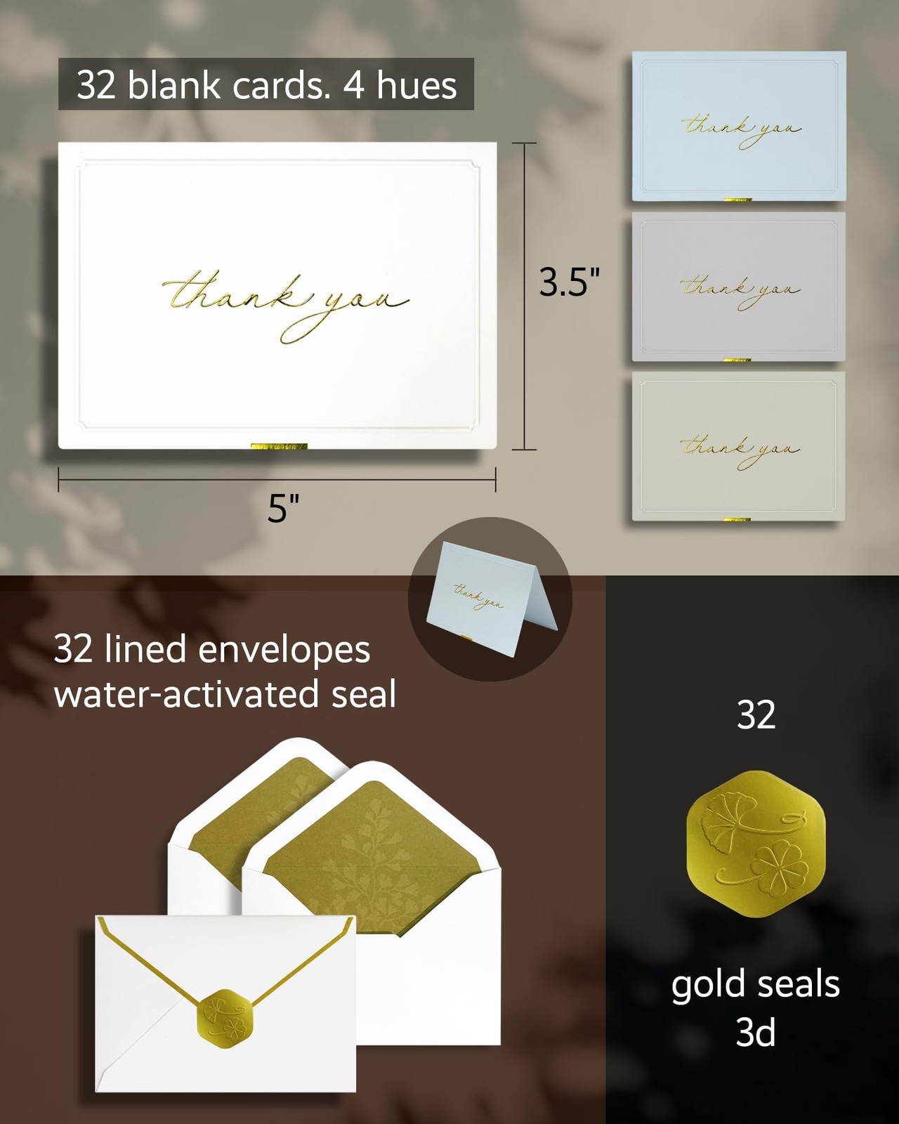 Gold Foil Thank You Cards Envelopes Bulk 32-Pack Embossed Notes 4 Colors Seal