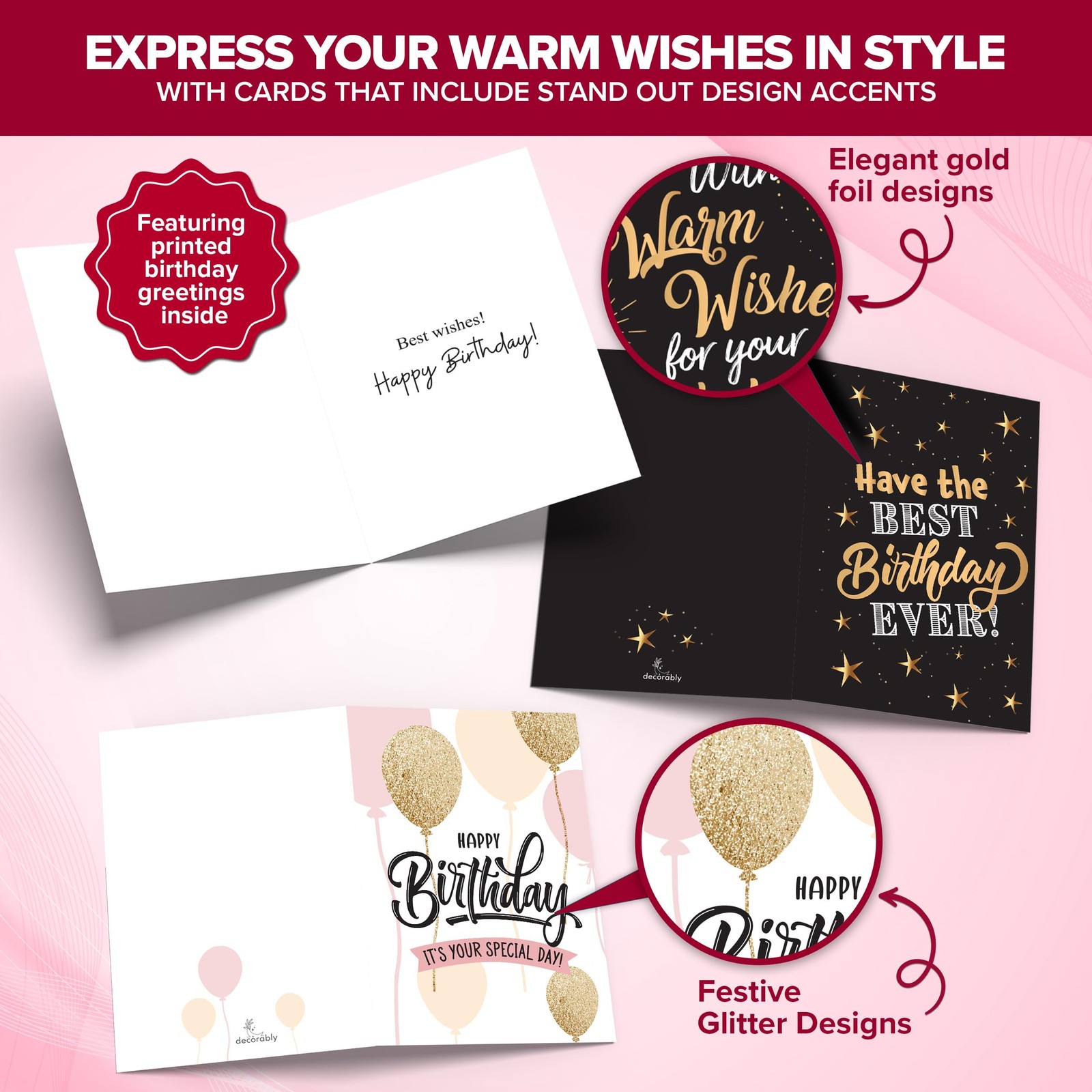 Decorably 24 Pack Foil and Glittery 6x4in Assorted 6×4 inches, Birthday