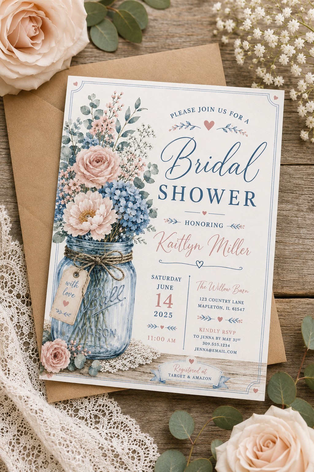 Printed Bridal Shower Invitations 25 w/ Envelopes | Rustic Mason Jar Floral