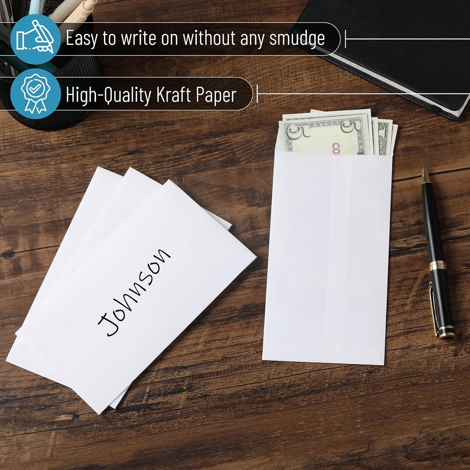 Money Envelopes for Cash, 6.5″ X 3.5″, Cash Envelopes, 100 Envelopes White Kraft