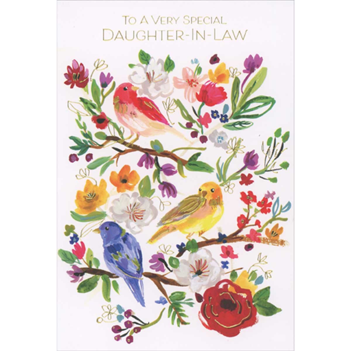 Red Blue Yellow Birds on Flowering Branches Birthday Card for Daughter-in-Law