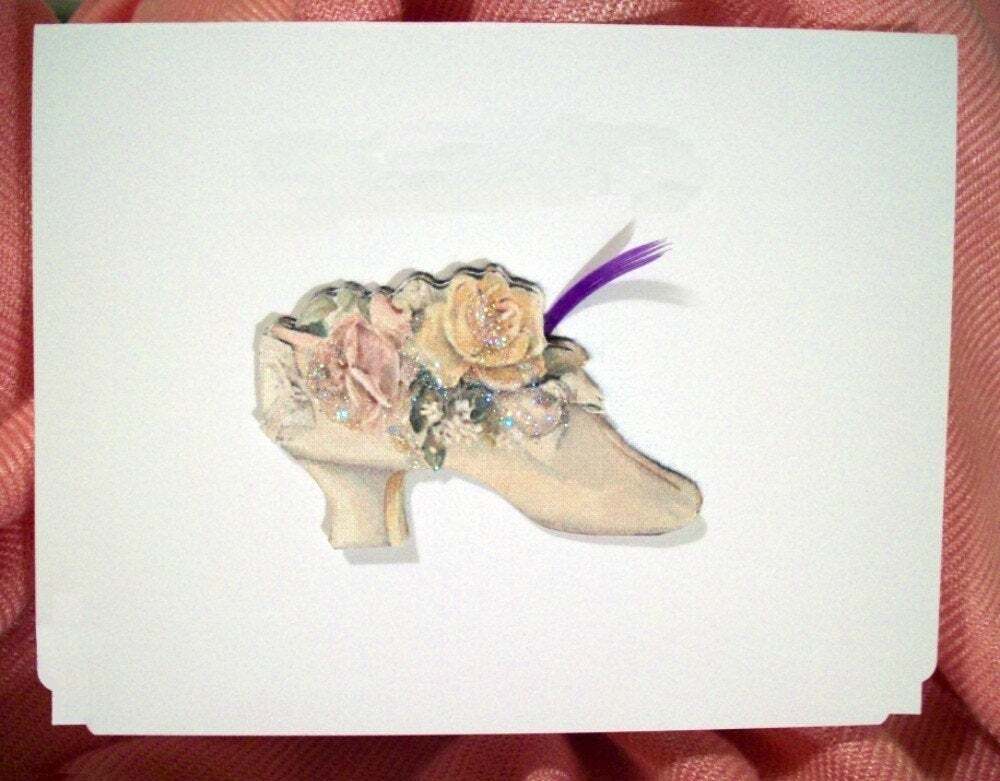Shoe -Pop Up Card…Victorian Style with Glitter Feather Handmade -Design 809