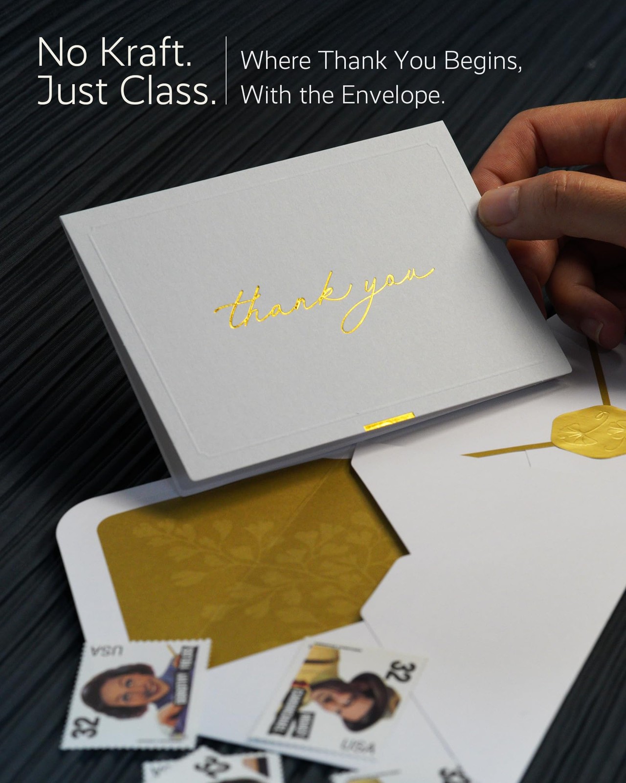 Gold Foil Thank You Cards Envelopes Bulk 32-Pack Embossed Notes 4 Colors Seal