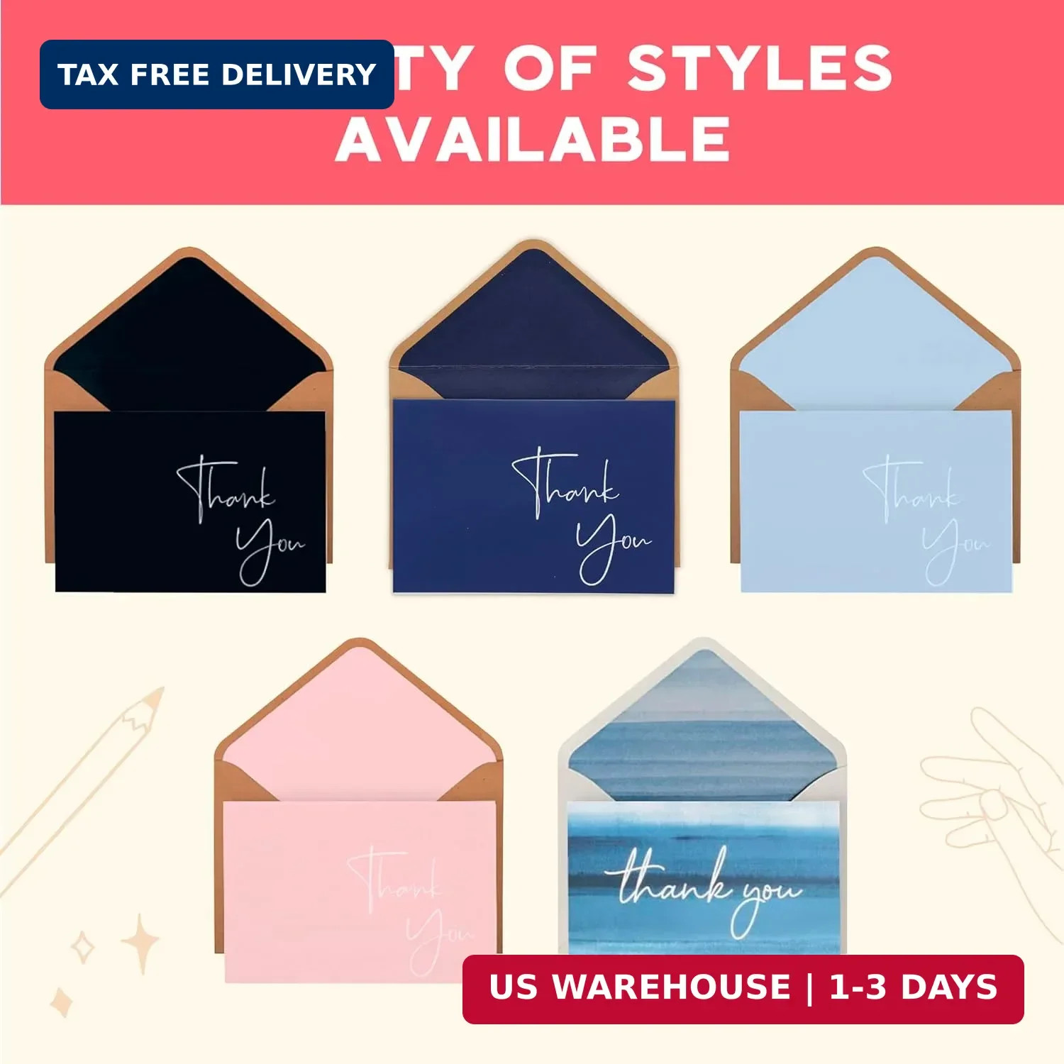 VNS Creations Thank You Cards With Envelopes Bulk Set & Stickers – 100 Pack 4×6