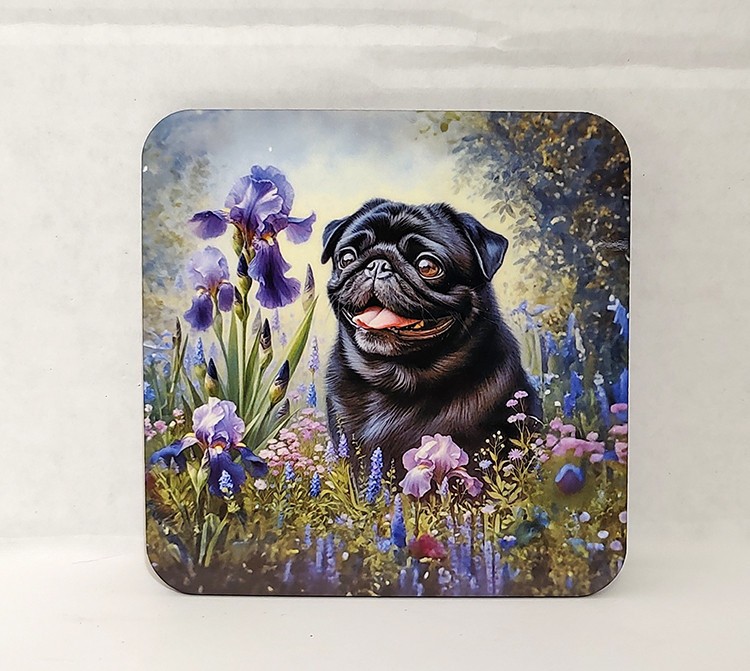 Black Pug Dog Irises Fridge Magnet 3.75″ square