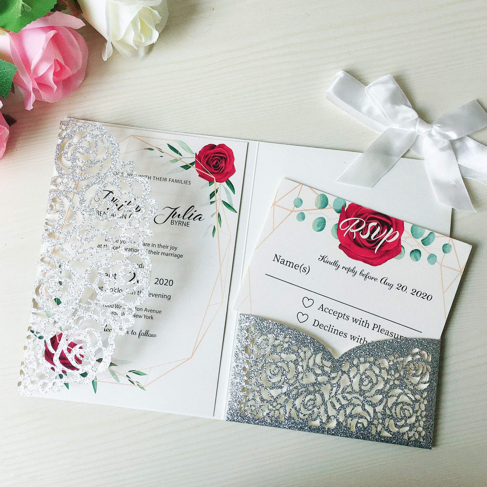 20 Pcs 5.1×7.1″ Silver Glitter Tri-fold Laser Cut Wedding Invitations Ribbon