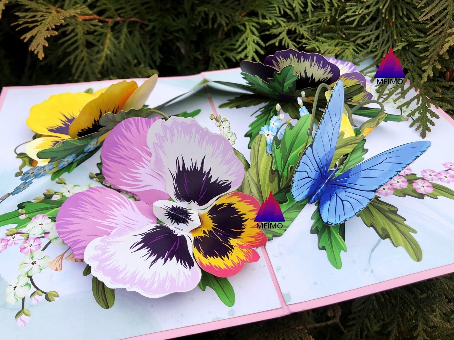 3D Pop Up Greeting Card Flower Floral Pansies Butterfly Birthday Mother Love