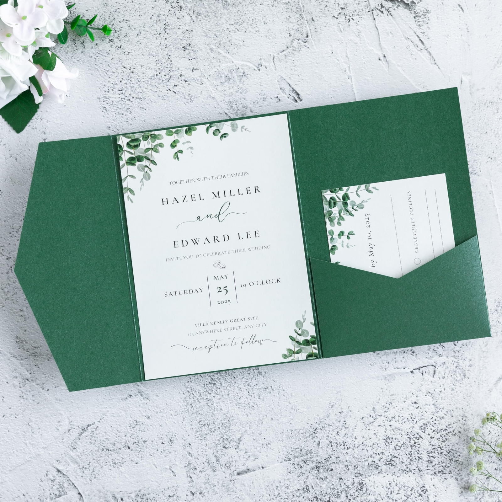 20 PCS Emerald Green Tri-fold Laser Cut Wedding Invitation Pockets for 5×7 We…