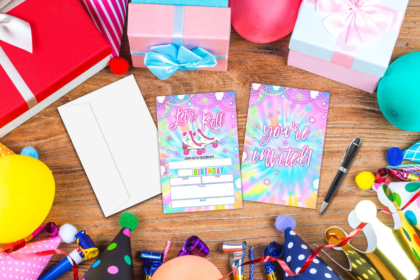 20 PCS Tie Dye Roller Skating Birthday Party Invitations With Envelopes 04
