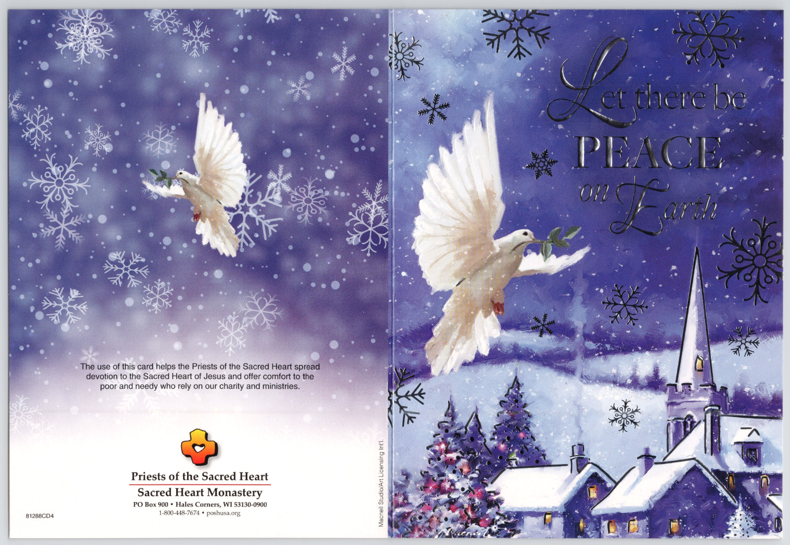 Greeting Card Sacred Heart Monastery Peace on Earth Dove Snowy Winter Scene