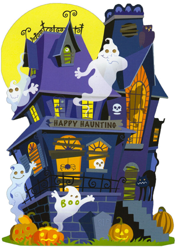 Purple Haunted House Ghosts and Yellow Moon Die Cut Halloween Card for Kids