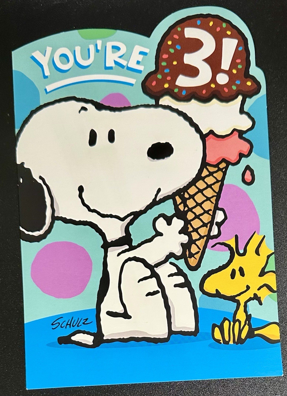** HAPPY THIRD BIRTHDAY GREETING CARD ** 3 YEARS OLD / SNOOPY / FUN / ICE CREAM