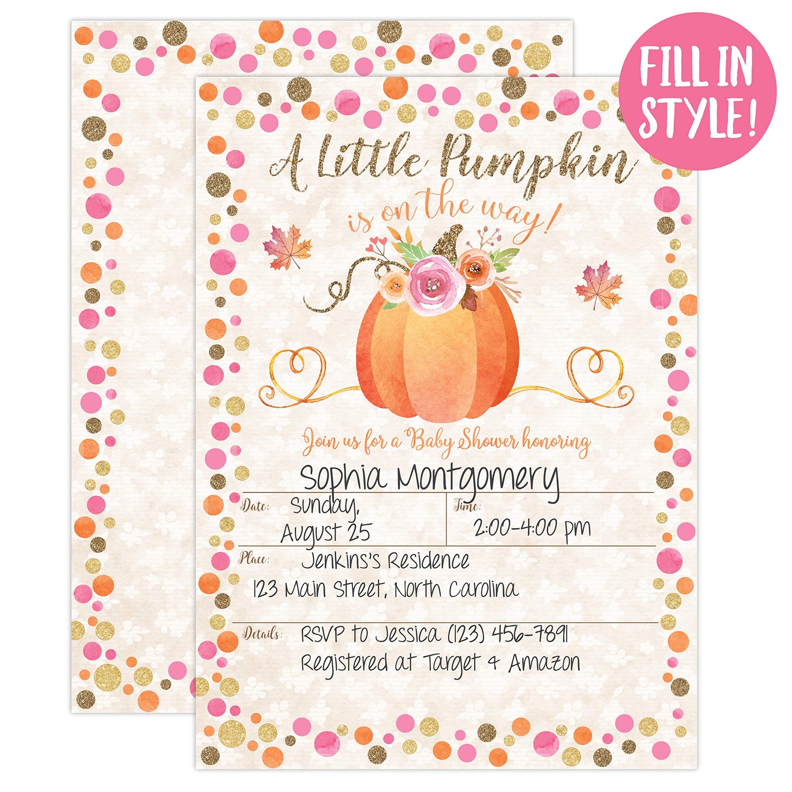 Pumpkin Fall Baby Shower Invitations A7 Envelope Autumn Floral Cards 20 PCS