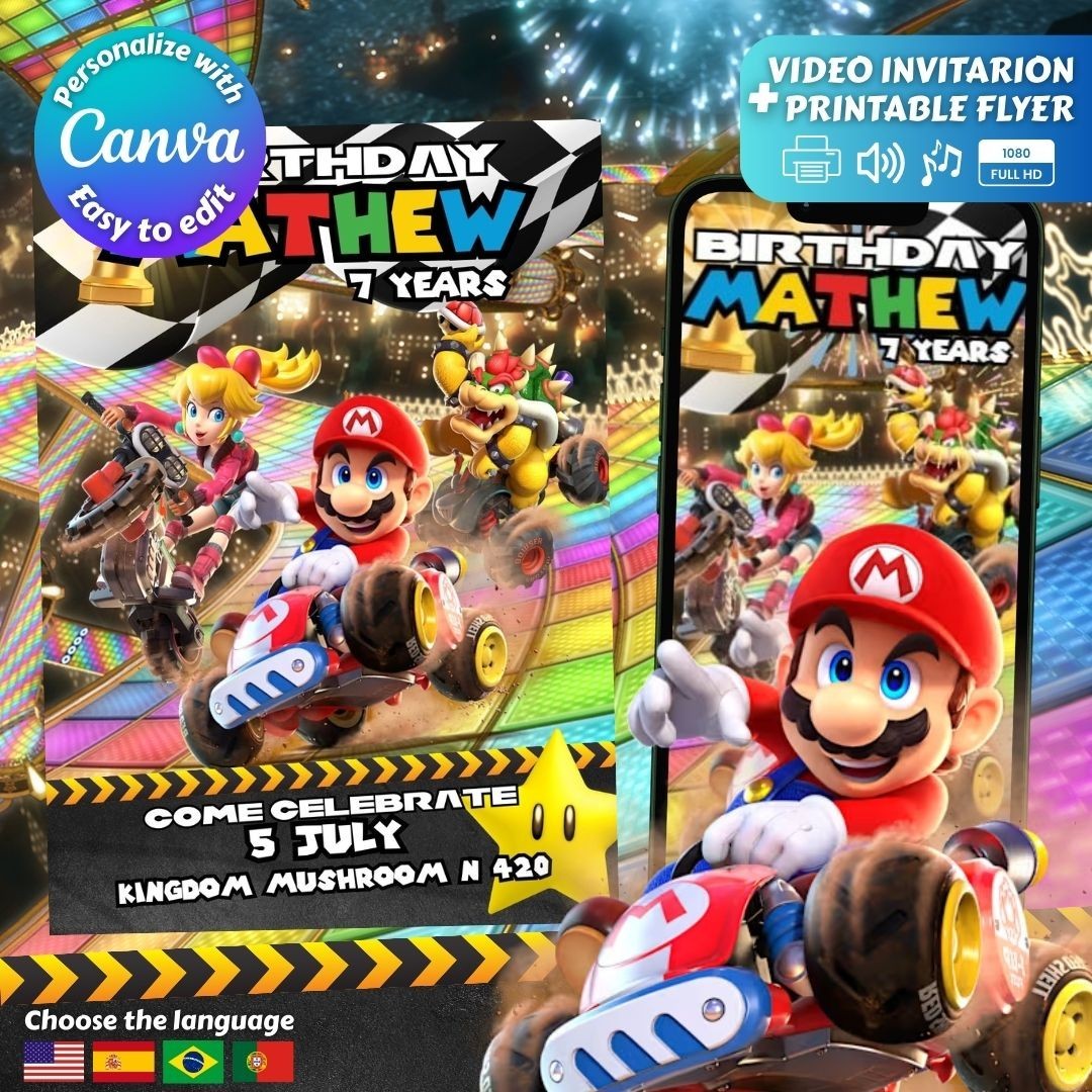 Super Mario Kart Personalized Animated Birthday Invitation DIGITAL