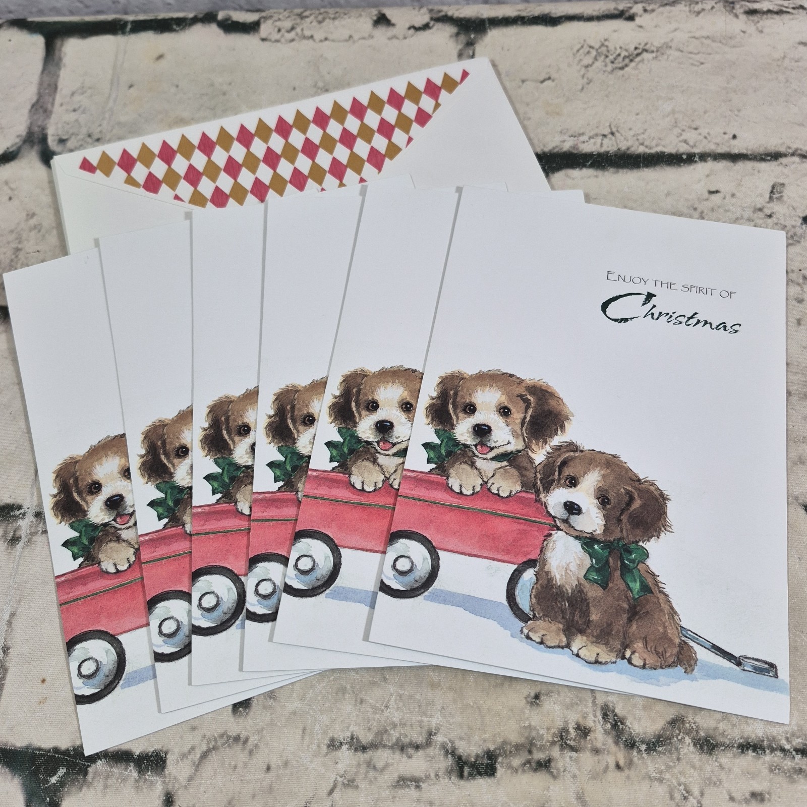 Holiday Friends Christmas Cards Embossed Puppies In A Wagon Lot Of 6