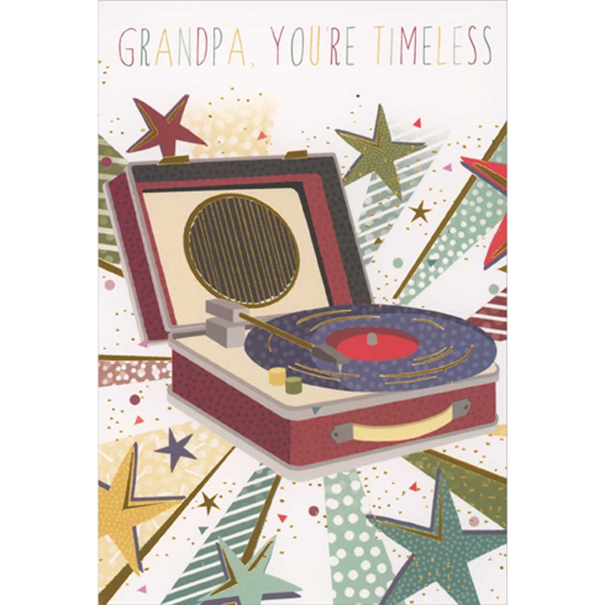 Timeless Portable Record Player and Stars Birthday Card for Grandpa