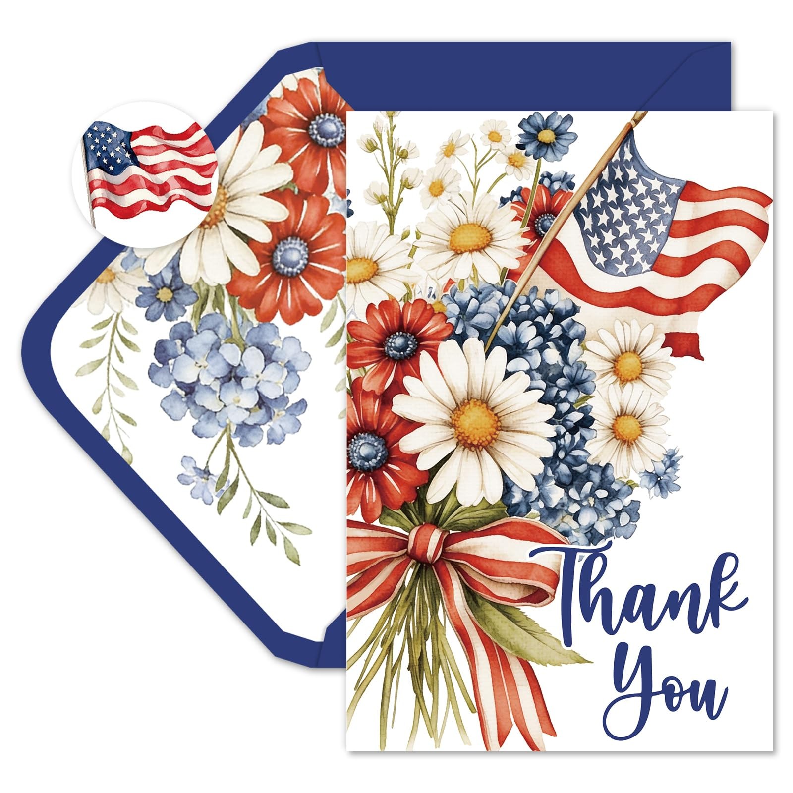 24 Pcs Patriotic Thank You Cards American Flag Flower Greeting Cards 4th of July