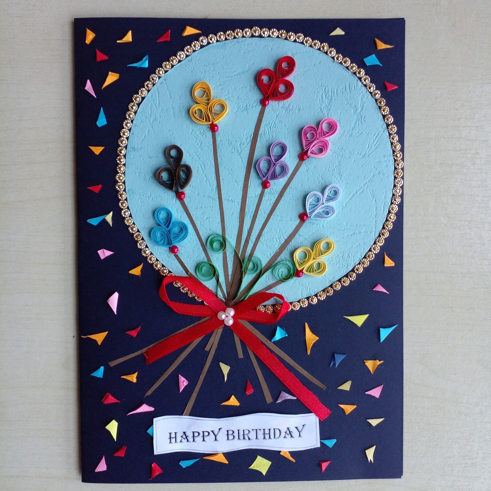 Handmade Bday card Multicolor Paper Quilled Flower Bunch With Red Bow Sri Lanka