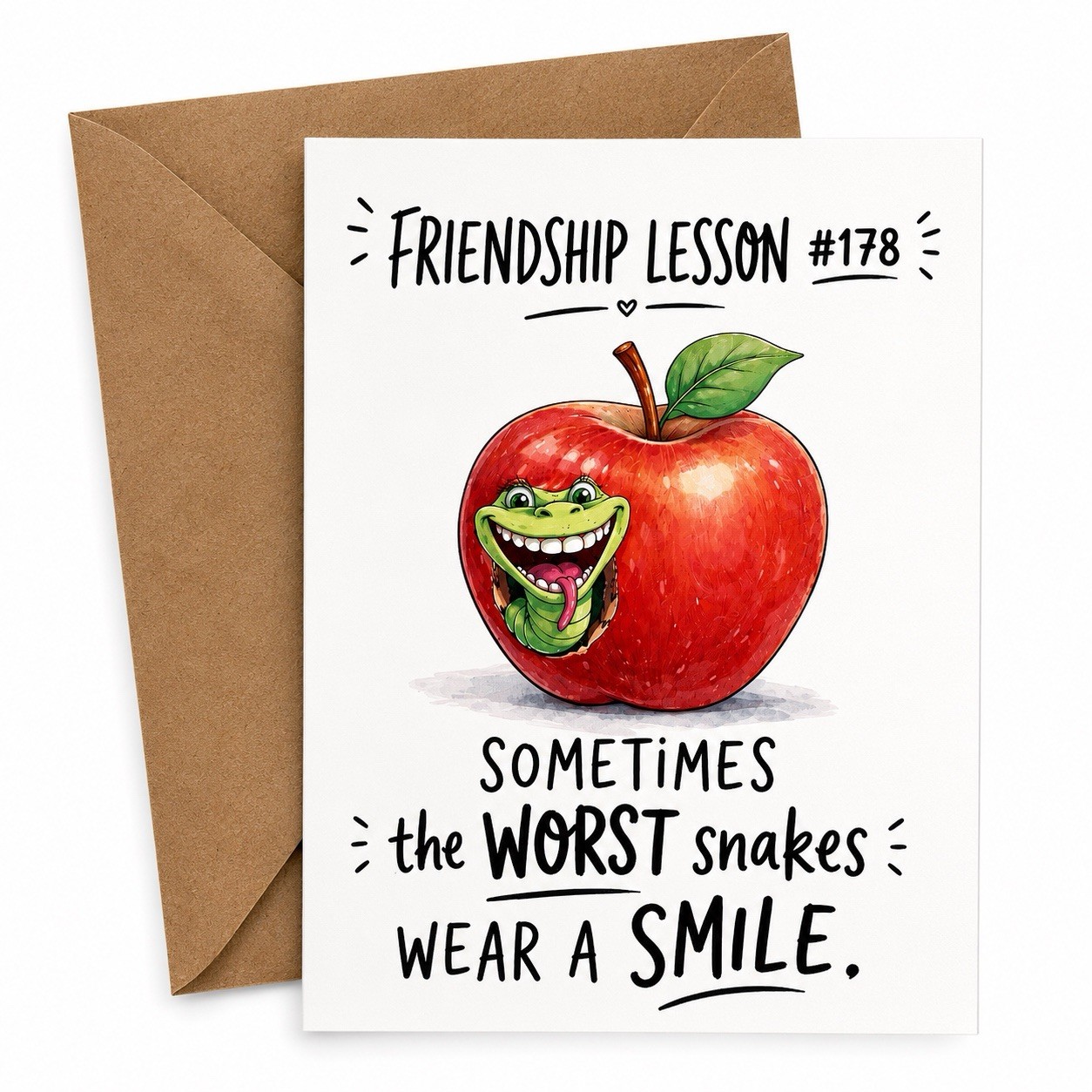 Funny Friendship Greeting Card Blank Inside w/ Envelope, snake apple