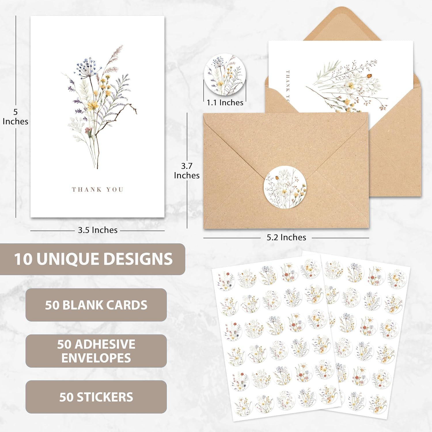 Wildflower Thank You Cards with Envelopes (50 Pack 3.5″ X 5.2″) – Floral Thank Y