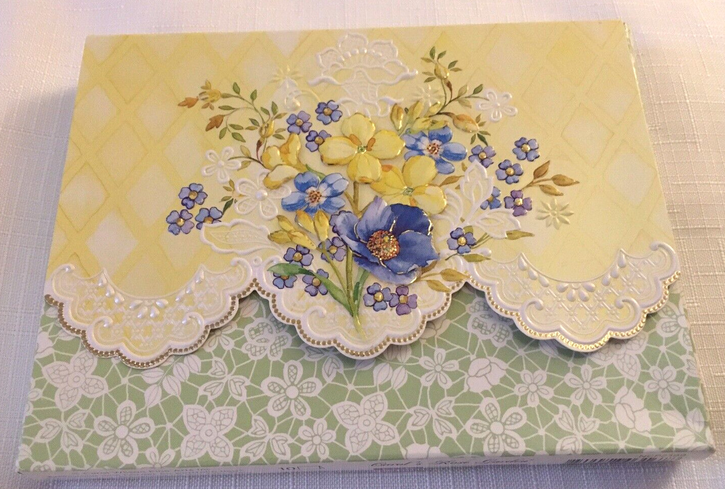 For Arts Sake – 10 Yellow Blue Floral Embossed Blank Note Card and Envelope Set