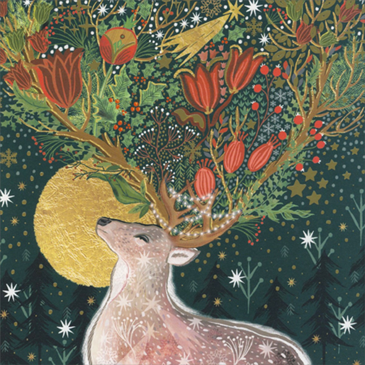 King of the Forest Deer with Large Antlers Flowers and Holly 5 Christmas Cards