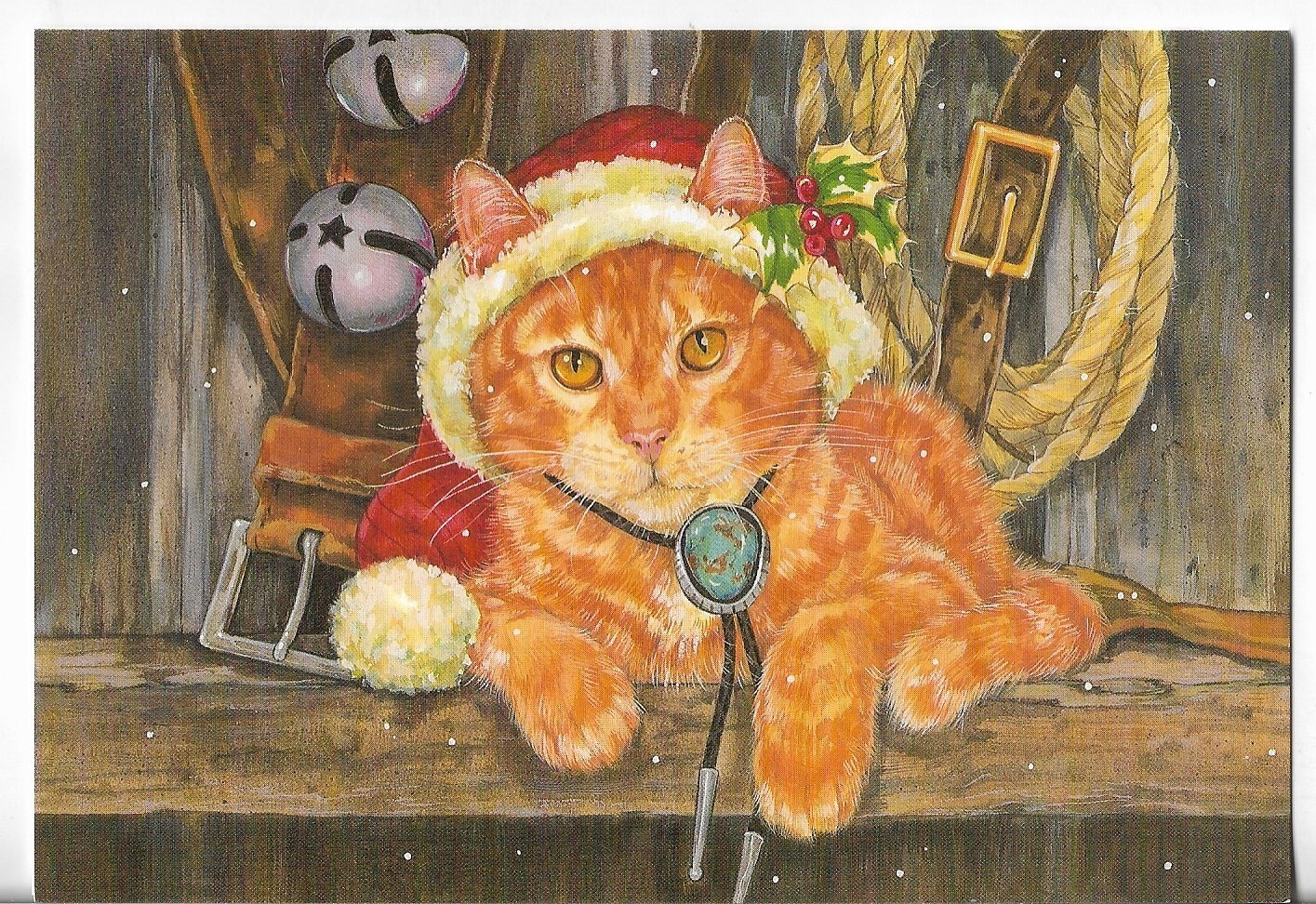 NOS LEANIN’ TREE Christmas Card 4.75×6.75 Orange Cat in Barn Jingle Bells Hat