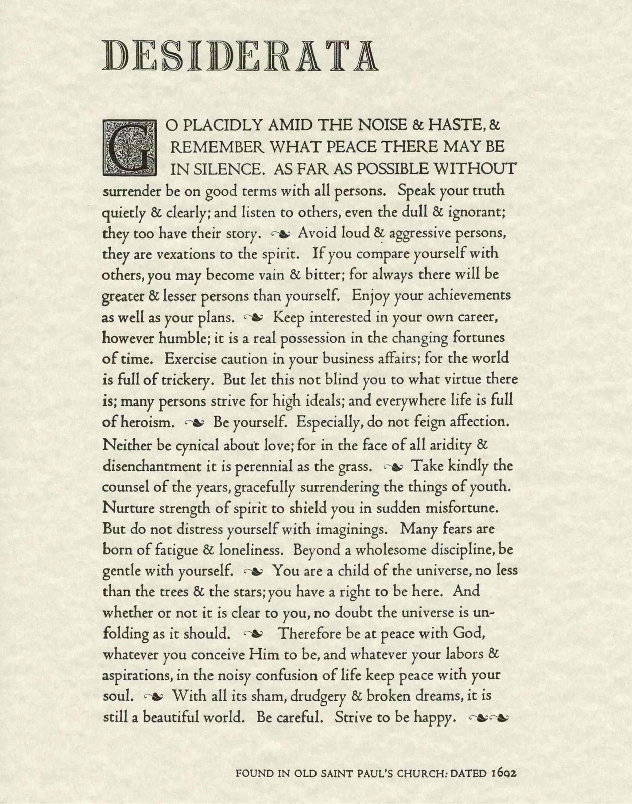 Motivational Desiderata Poem by Max Ehrmann (Parchment G, 11 x 14)