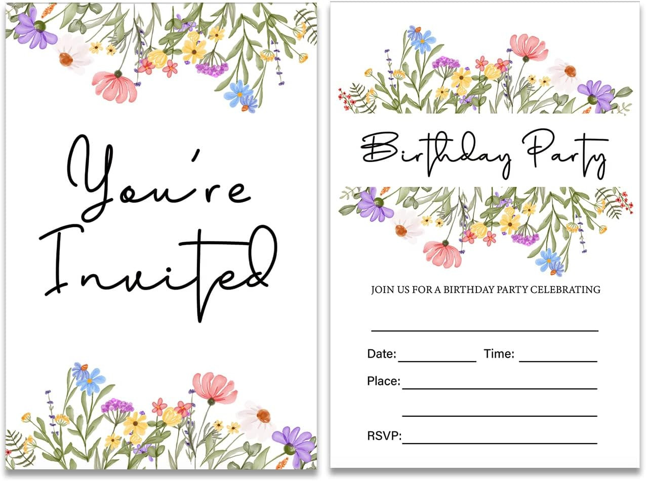 Wildflower Birthday Party Invitations with Envelopes Set of 20 Spring Summer Wil