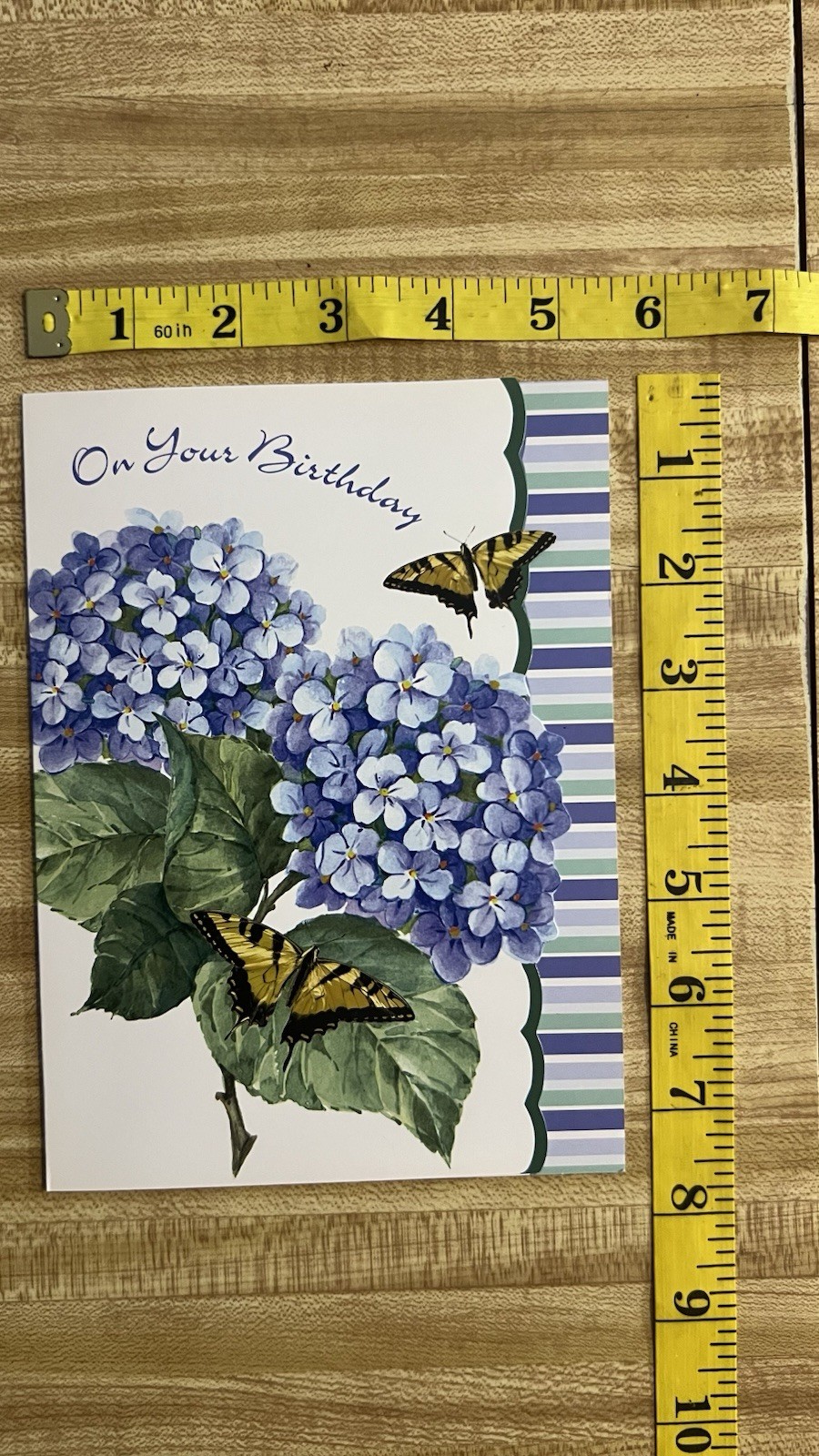 blue hydrangeas and yellow swallowtail butterflies Birthday Greeting Card NOS