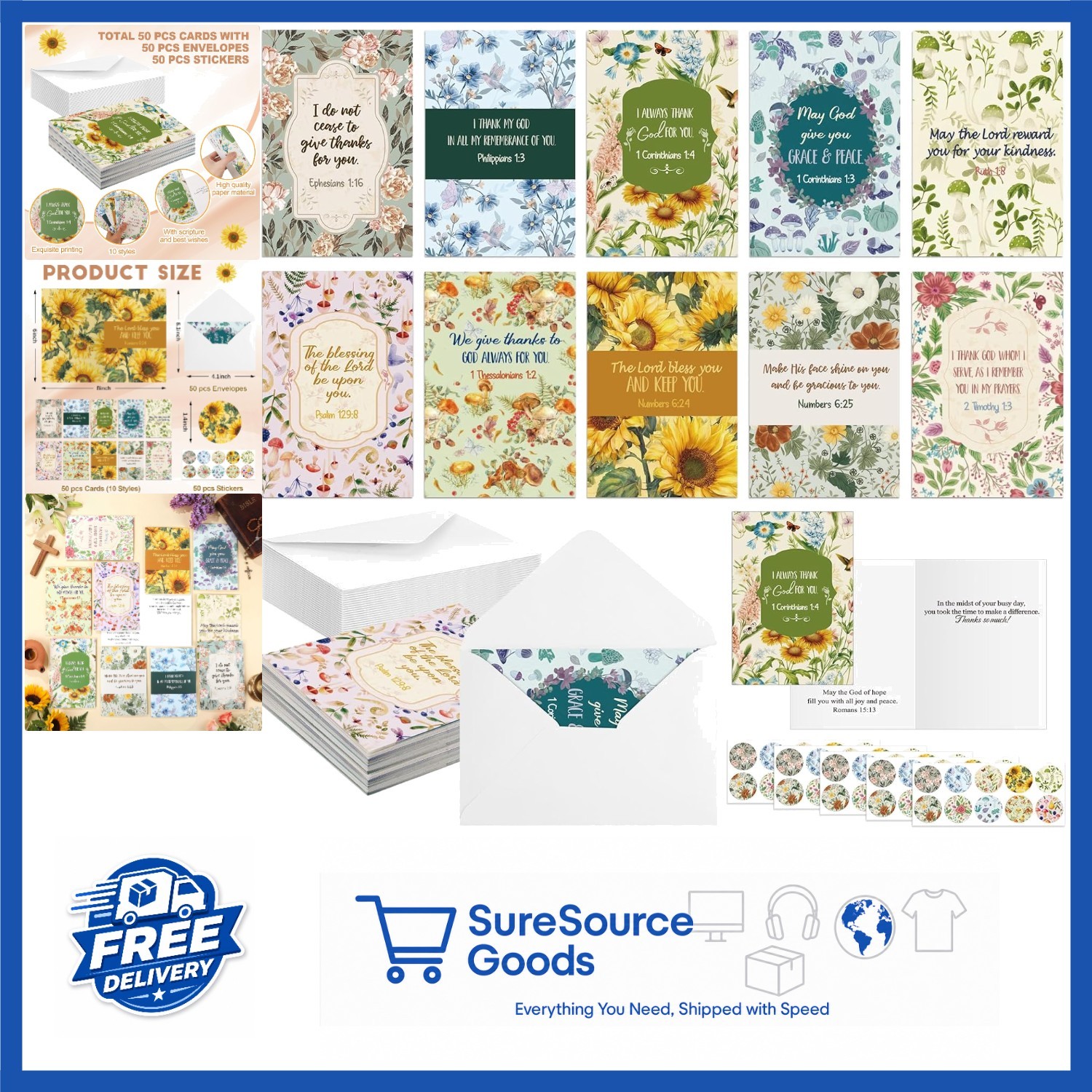 Religious Thank You Cards Bulk 50 Pack 4x6in with Scripture and Envelopes