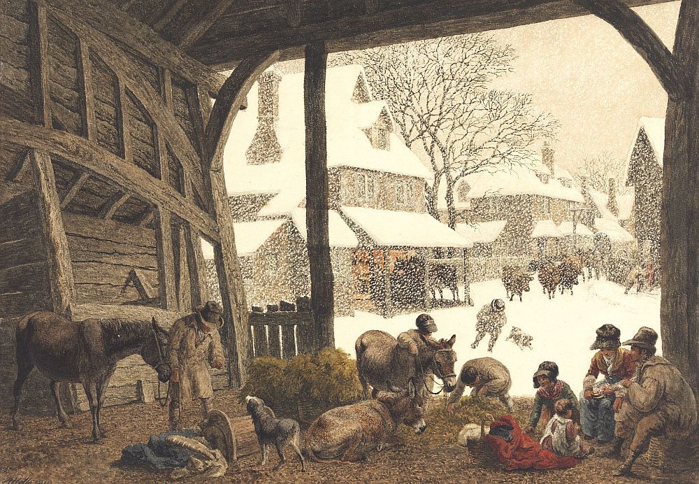 Peaceful family & animals in barn. VILLAGE SNOW SCENE, 1819. Regency art cards