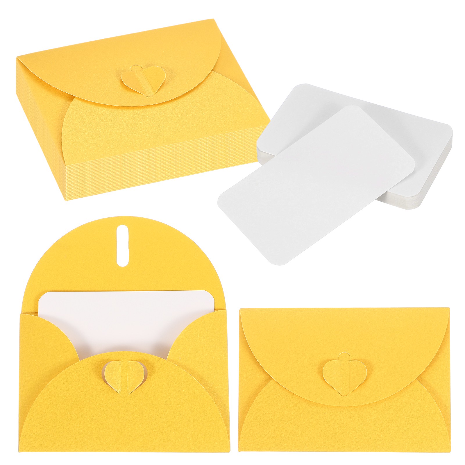 25 Set 4.1×3″ Mini Envelopes with Heart Clasp Blank Note Cards, Yellow
