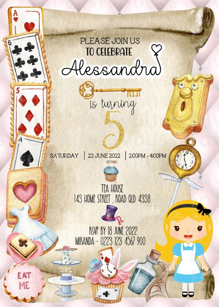 1pc Digital – Personalised Alice in wonderland Birthday Invitation