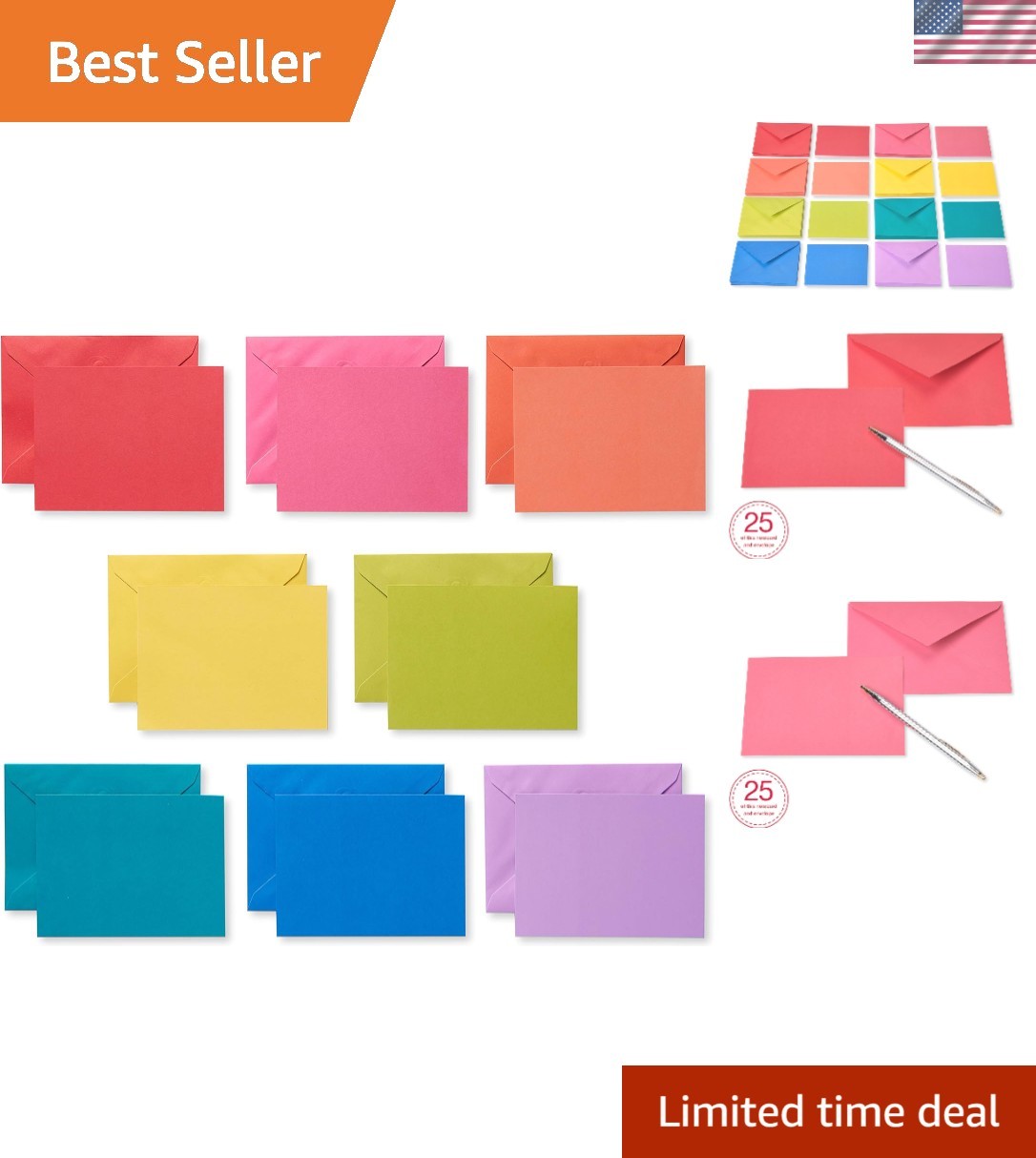 Single Panel Blank Cards with Envelopes, Rainbow Colors 200-Count