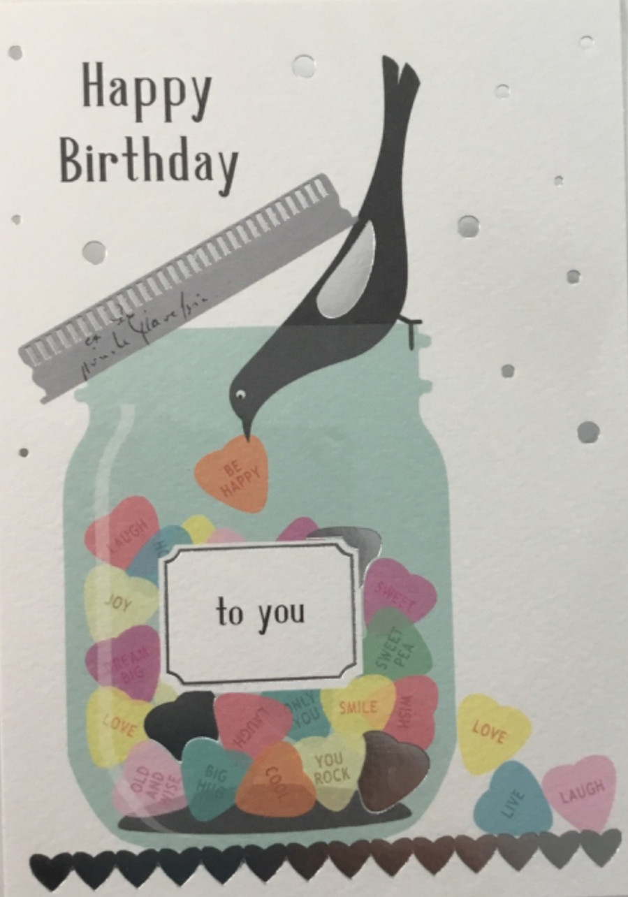 Quire Publishing- Birthday- Bird With Jar Of Candy Hearts- Foil- Holland