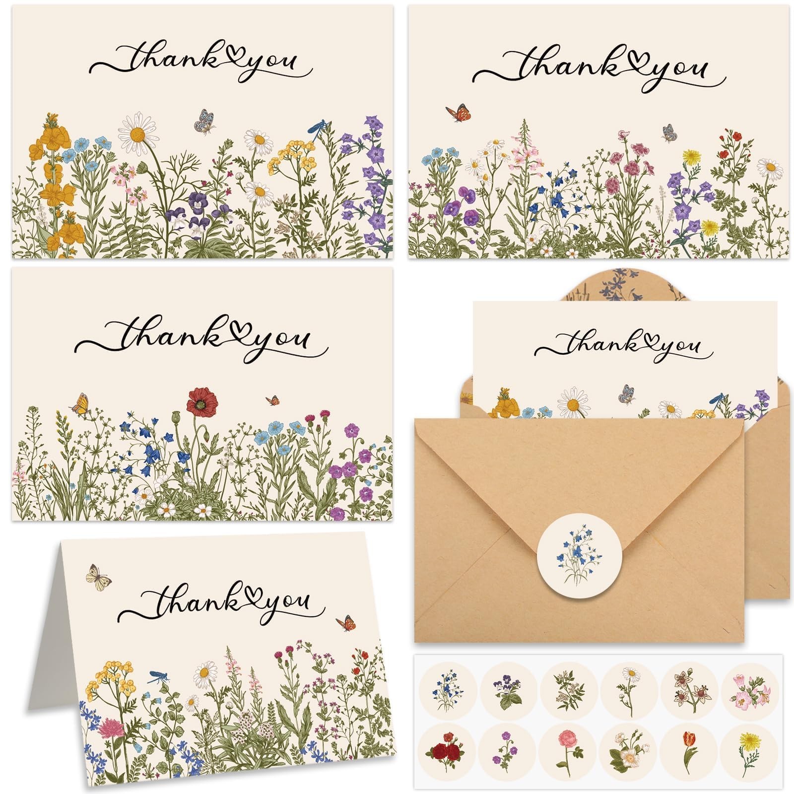 52 Pack Thank You Cards With Envelopes Wildflower 6 x 4 inches, Colorful