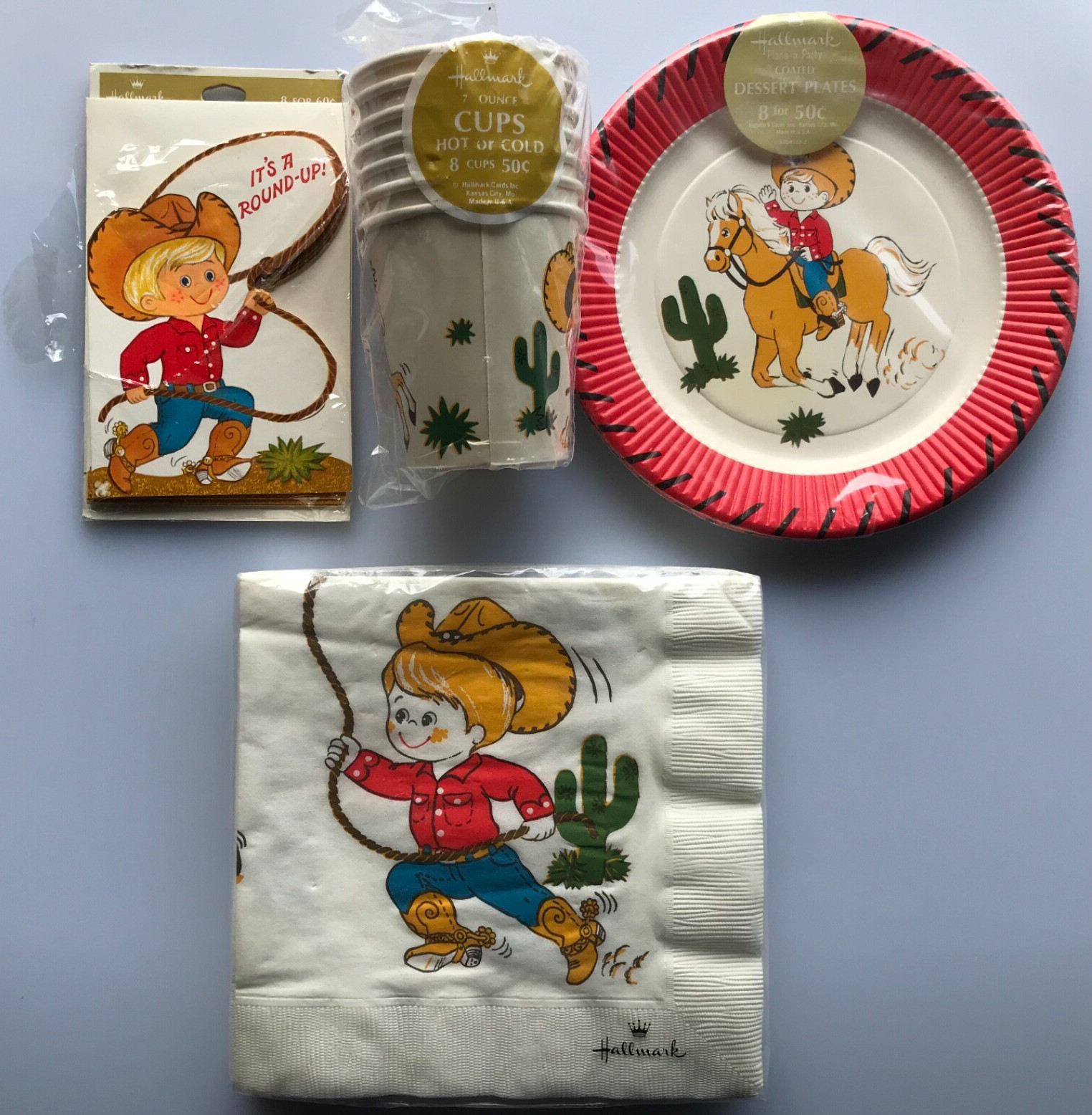 1980s Hallmark Cowboy It’s a Roundup Birthday Party Invitations, Napkins, Cups