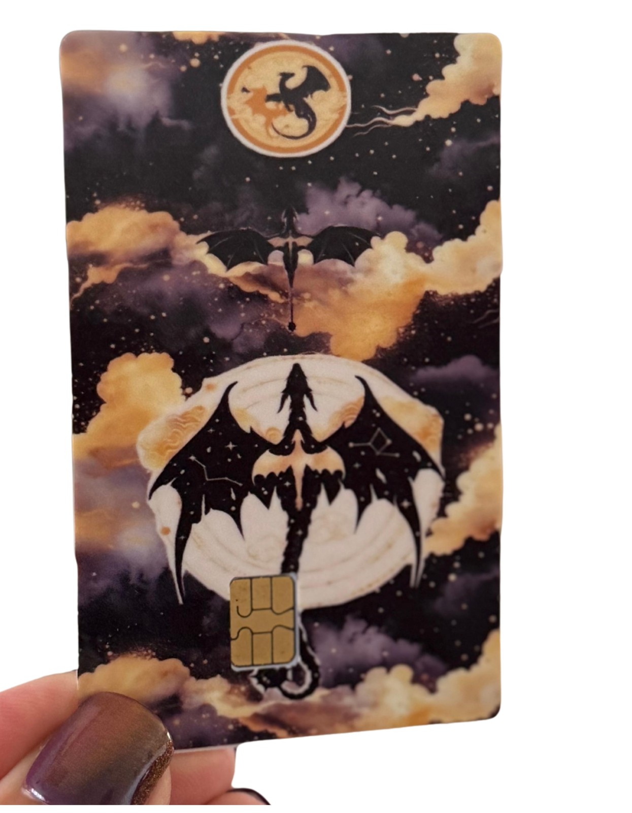 Moonlit Dragon Silhouette Card Skin – Fantasy Night Sky Scene with Dragon Rider