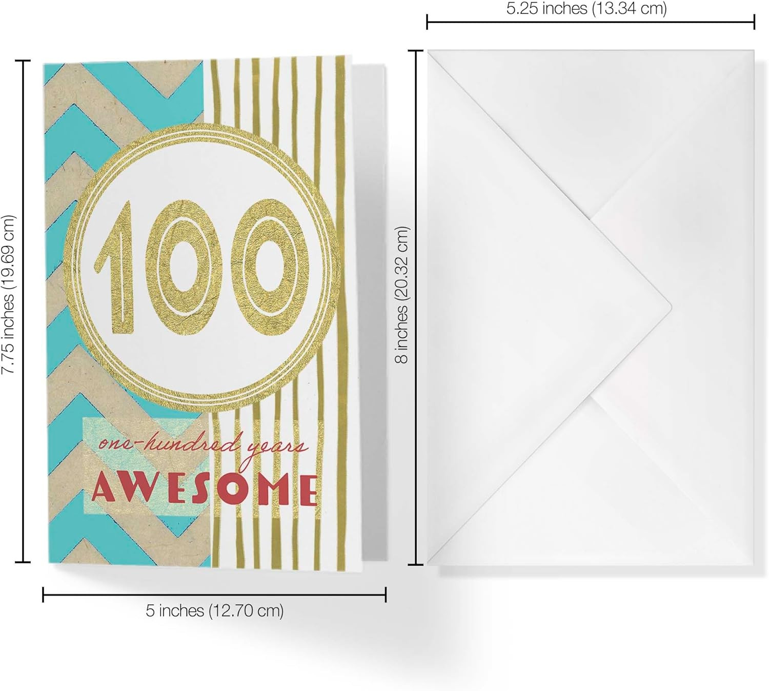 100th Birthday Card with Envelope – Gold Stripes Turquoise Chevron one-hundred y