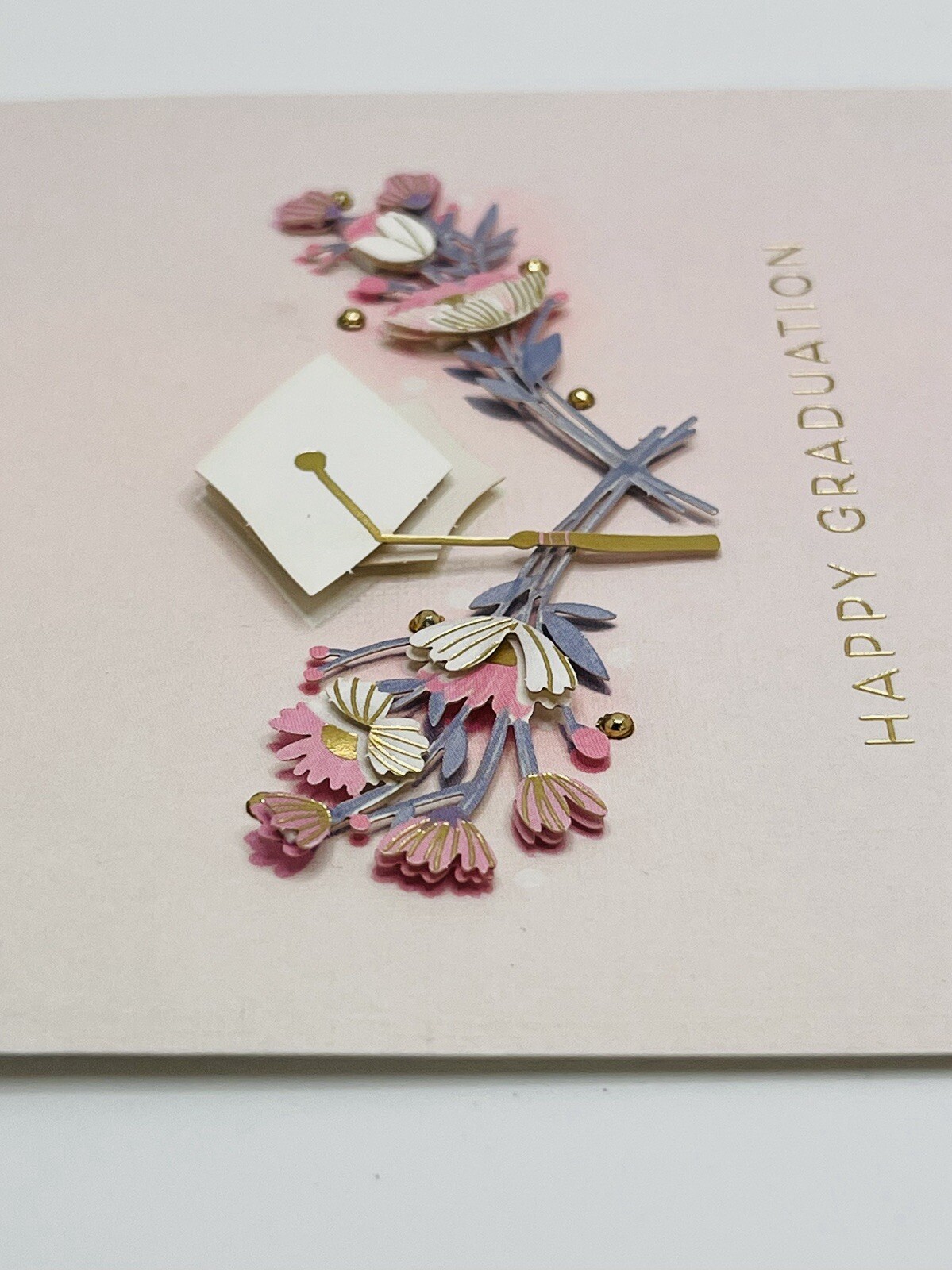 Graduation Card 3D Cutout Pink Floral Gold Foil, Beaded Hallmark Card NEW
