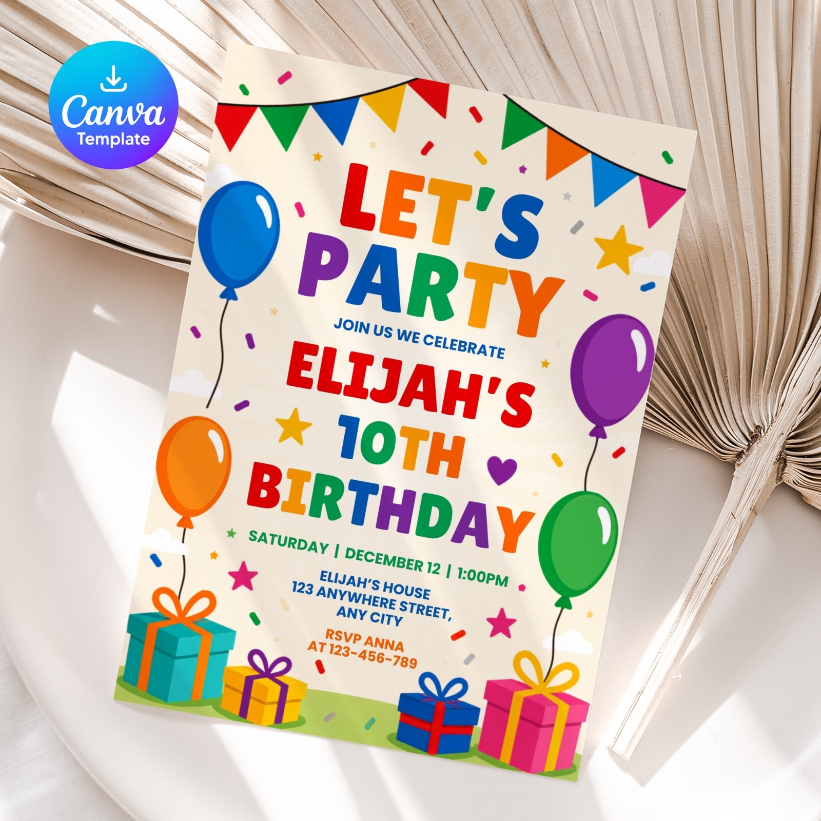 Colorful Birthday Invitation Editable Canva Template Printable Any Age Party
